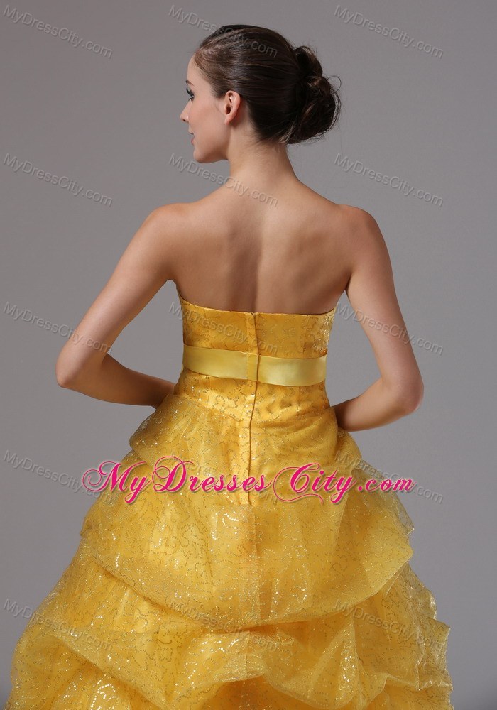 Gold Beaded Prom Gowns With Pick-ups and Bowknot