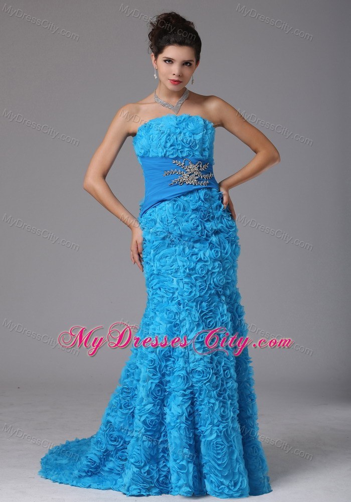 Baby Blue Rolling Flower Beading Prom Dress With Brush Train