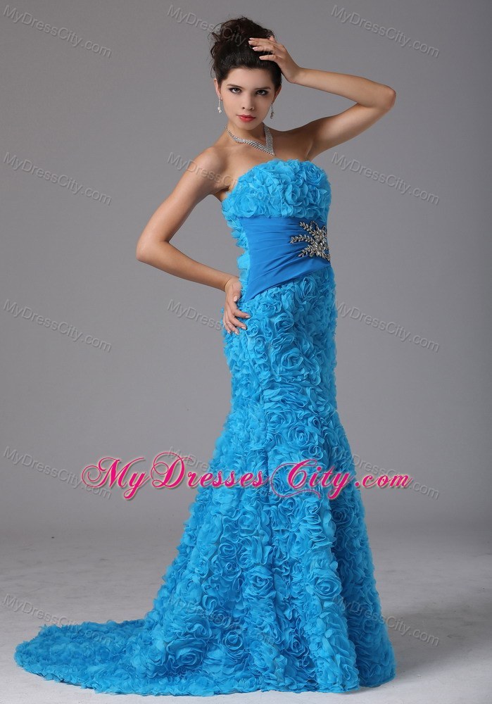 Baby Blue Rolling Flower Beading Prom Dress With Brush Train