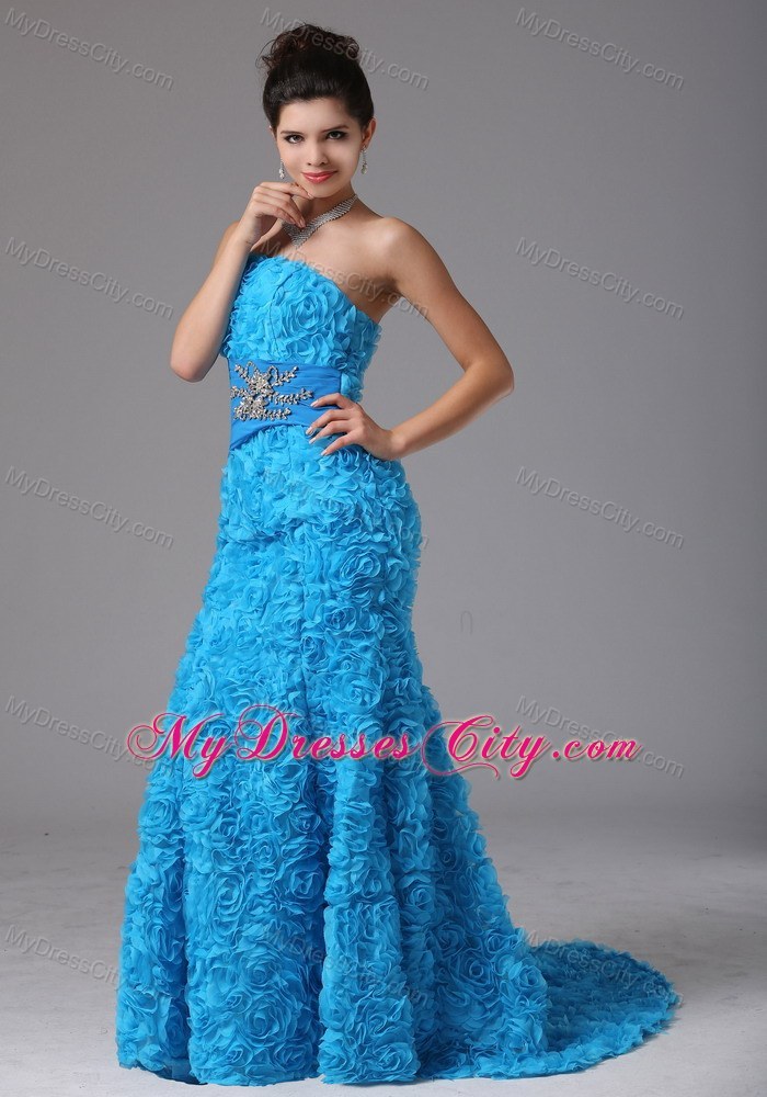 Baby Blue Rolling Flower Beading Prom Dress With Brush Train