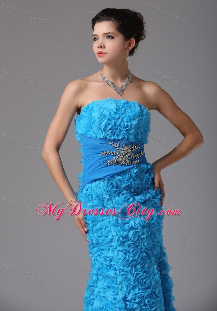 Baby Blue Rolling Flower Beading Prom Dress With Brush Train