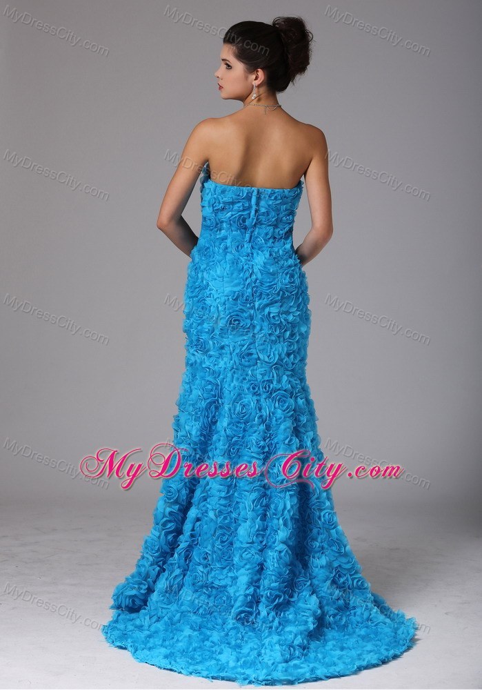 Baby Blue Rolling Flower Beading Prom Dress With Brush Train