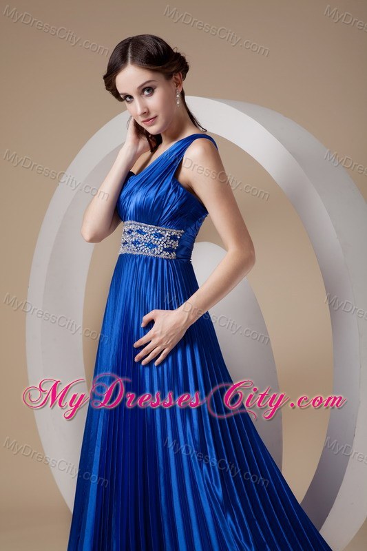 Royal Blue Empire One Shoulder Prom Dress in Elastic Woven Satin