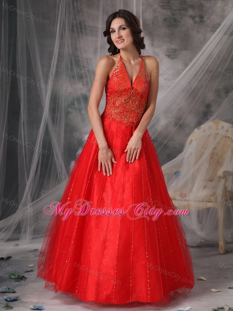 Unique Red A-line Halter Prom Dress with Beading and Appliques