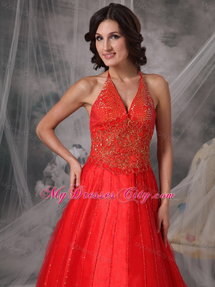 Unique Red A-line Halter Prom Dress with Beading and Appliques