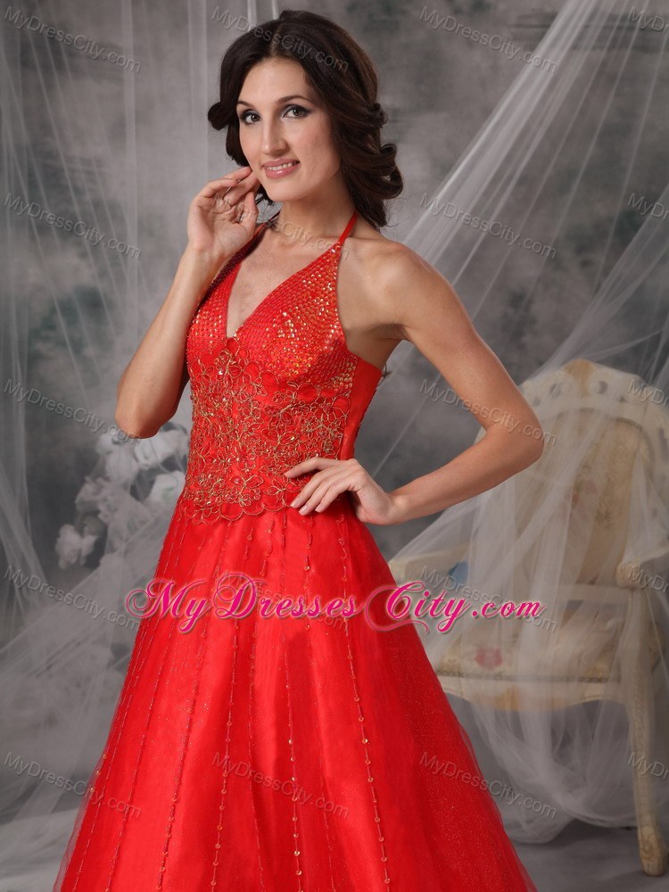 Unique Red A-line Halter Prom Dress with Beading and Appliques