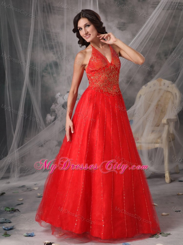 Unique Red A-line Halter Prom Dress with Beading and Appliques