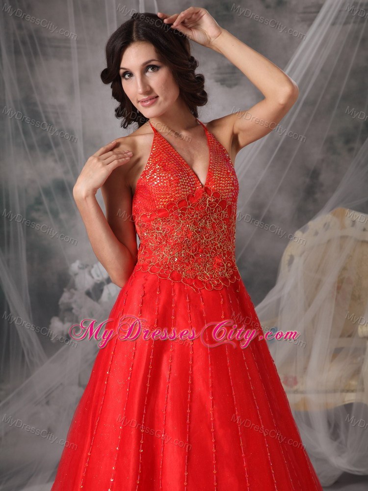 Unique Red A-line Halter Prom Dress with Beading and Appliques