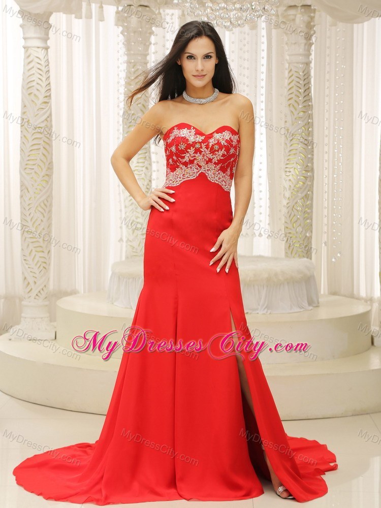 High Slit Sweetheart Appliques Decorated Bust Red Prom Gown