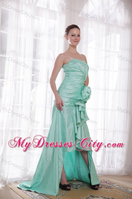 Apple Green High-low Taffeta Prom Dress with Hand Made Flower