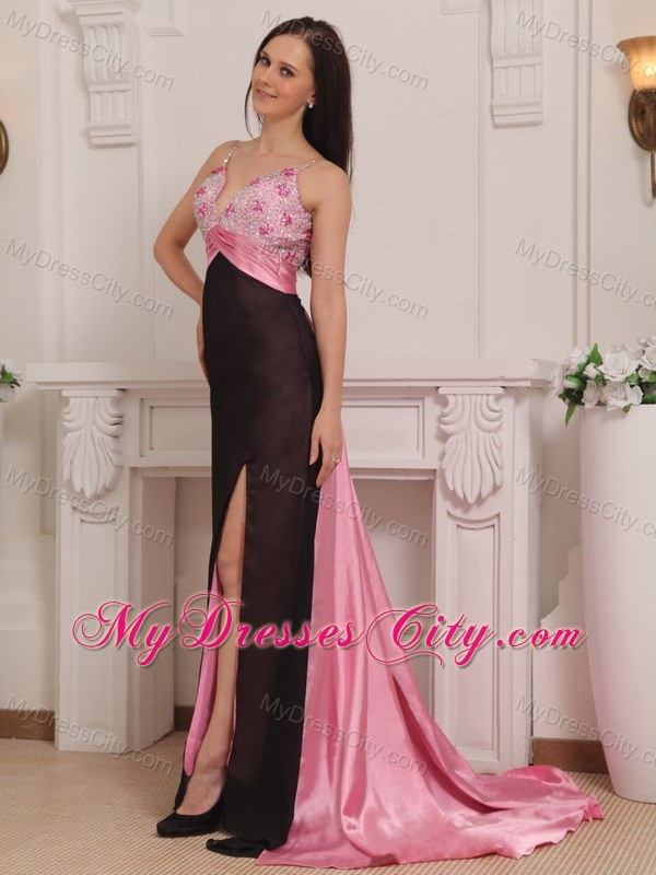 Pink and Black Column Straps Brush Train Beaded Prom Gown