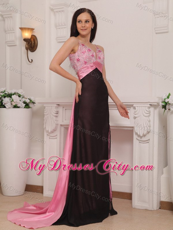 Pink and Black Column Straps Brush Train Beaded Prom Gown