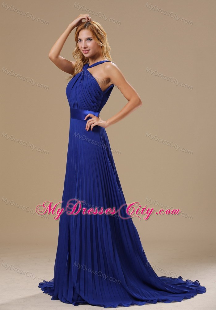 Backless V-neck Brush Train Royal Blue Pleated Dress for Prom