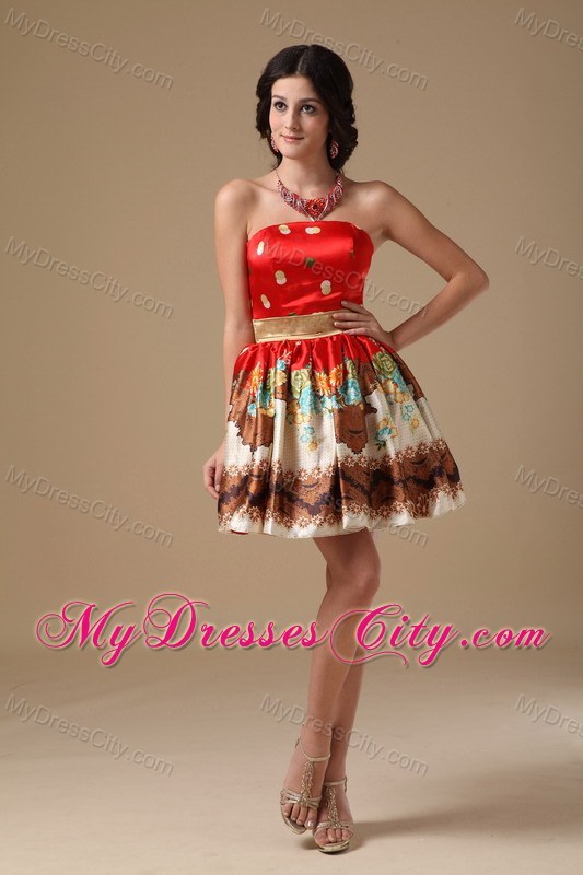 Multi-color A-line Strapless Mini-length Printing Prom Dress