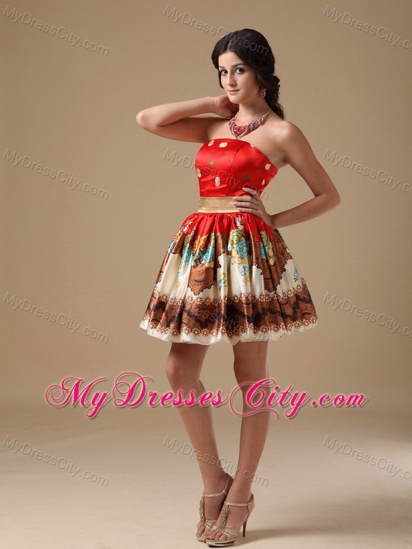 Multi-color A-line Strapless Mini-length Printing Prom Dress