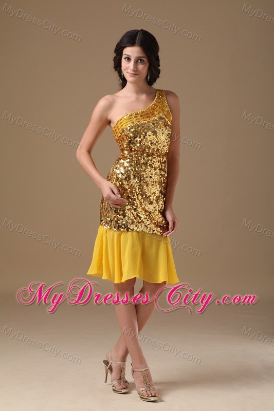 Sparkling Gold One Shoulder Knee-length Sequined Dress for Prom