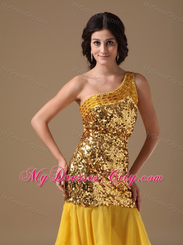 Sparkling Gold One Shoulder Knee-length Sequined Dress for Prom