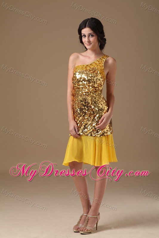 Sparkling Gold One Shoulder Knee-length Sequined Dress for Prom