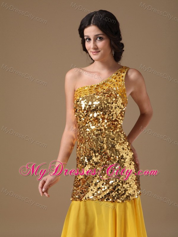 Sparkling Gold One Shoulder Knee-length Sequined Dress for Prom