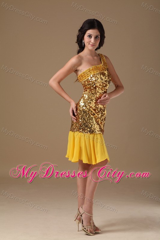 Sparkling Gold One Shoulder Knee-length Sequined Dress for Prom