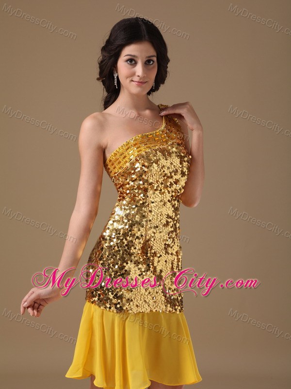 Sparkling Gold One Shoulder Knee-length Sequined Dress for Prom