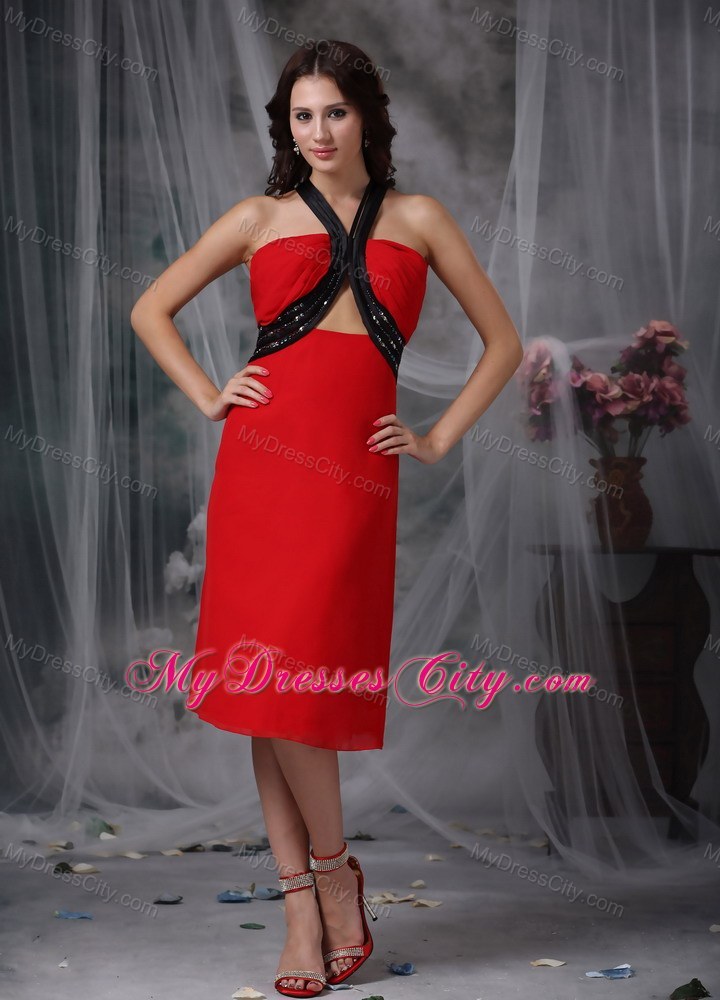 Red Column V-neck Tea-length Prom Dress with Stomach Cutout