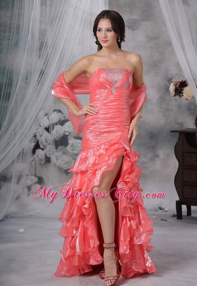 Beaded Decorated Bust Ruffles Watermelon High Slit Prom Dress