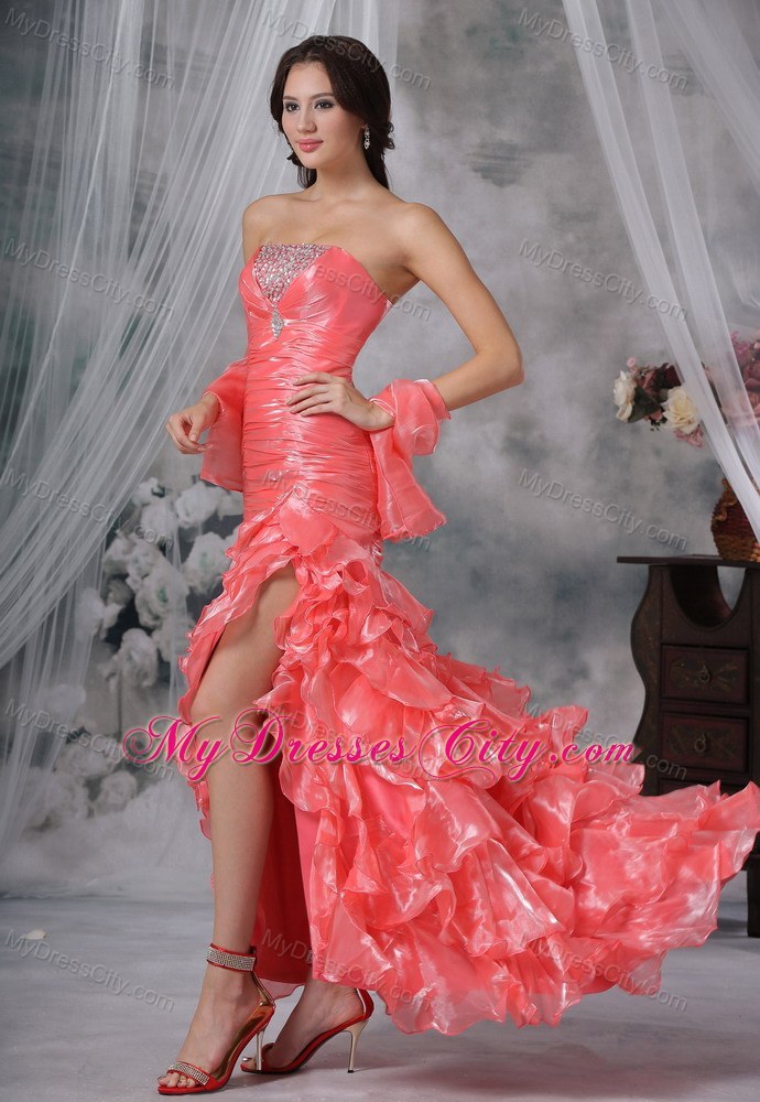 Beaded Decorated Bust Ruffles Watermelon High Slit Prom Dress