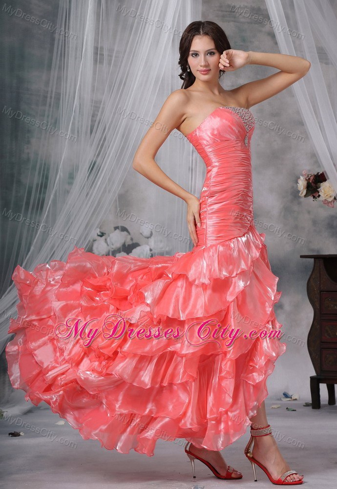 Beaded Decorated Bust Ruffles Watermelon High Slit Prom Dress