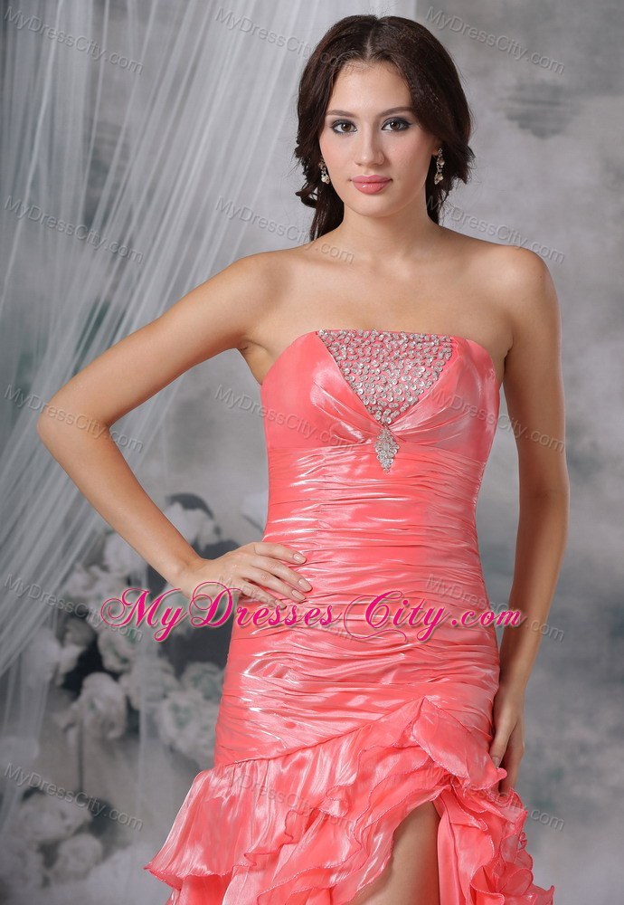 Beaded Decorated Bust Ruffles Watermelon High Slit Prom Dress