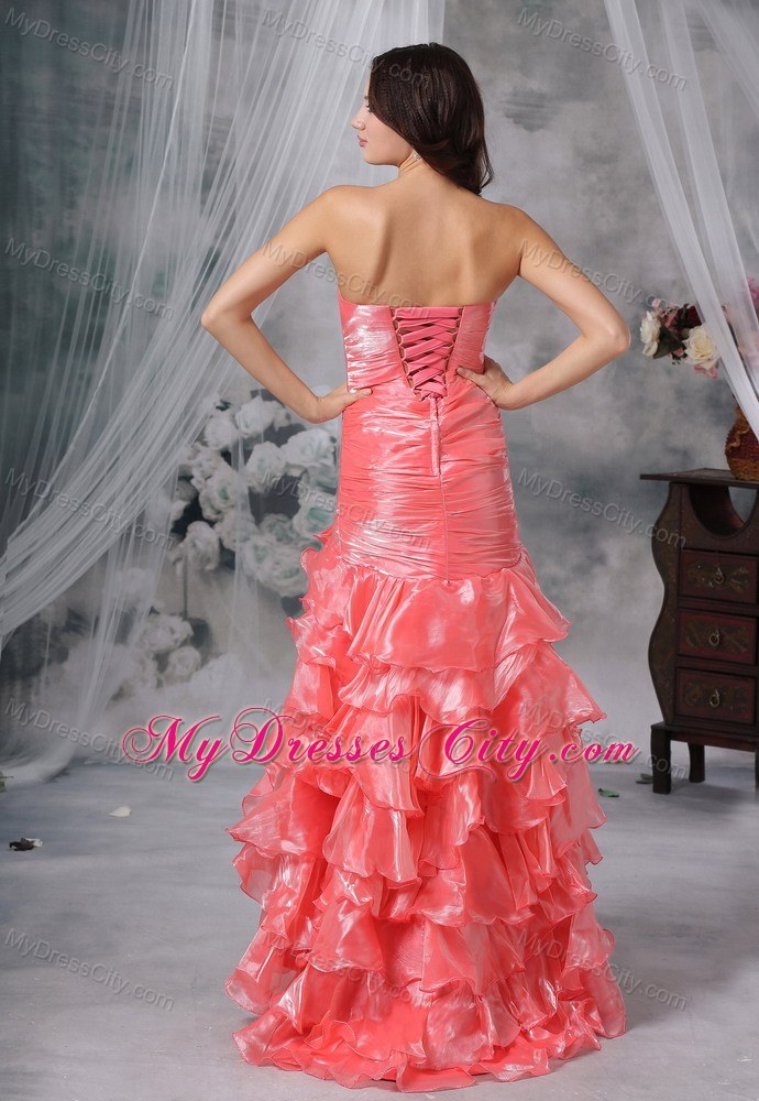 Beaded Decorated Bust Ruffles Watermelon High Slit Prom Dress