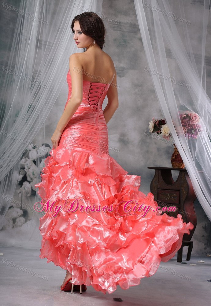 Beaded Decorated Bust Ruffles Watermelon High Slit Prom Dress