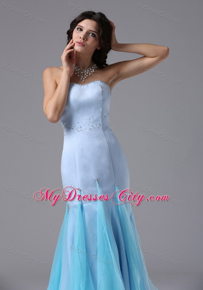 Organza and Satin Mermaid Light Blue Beaded Dress for Prom