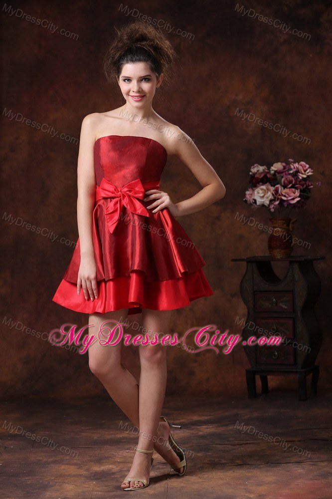 Mini-length Strapless Taffeta Red Prom Dress with Cute Bowknot