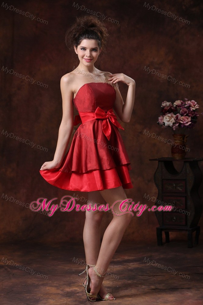 Mini-length Strapless Taffeta Red Prom Dress with Cute Bowknot