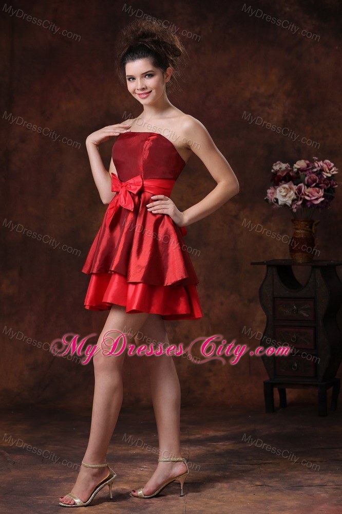 Mini-length Strapless Taffeta Red Prom Dress with Cute Bowknot