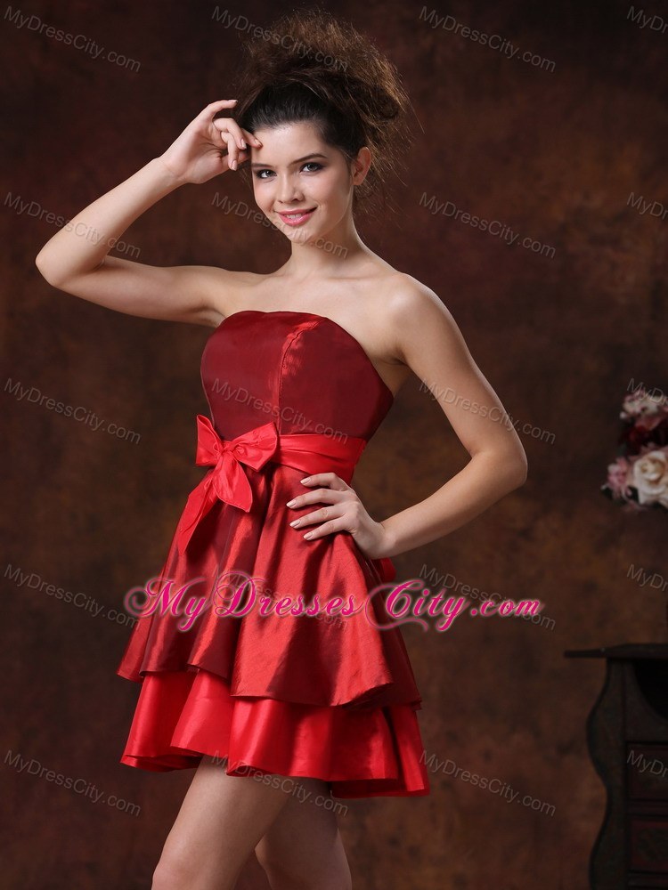 Mini-length Strapless Taffeta Red Prom Dress with Cute Bowknot