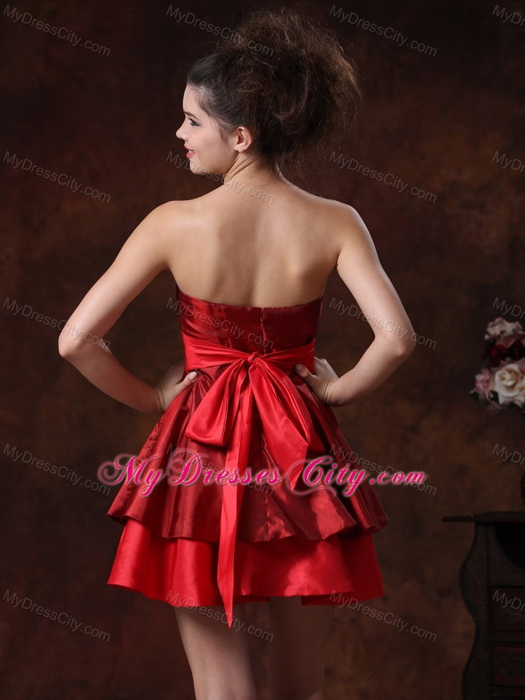 Mini-length Strapless Taffeta Red Prom Dress with Cute Bowknot