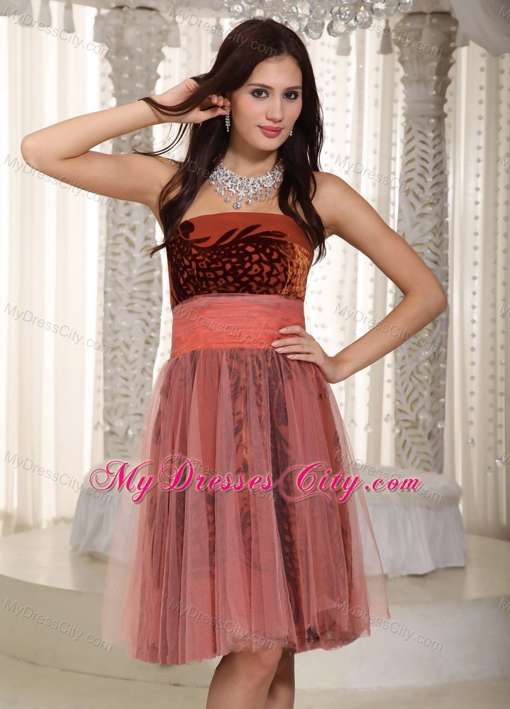 Printing and Tulle Strapless Belt Knee-length Prom Dress on Sale