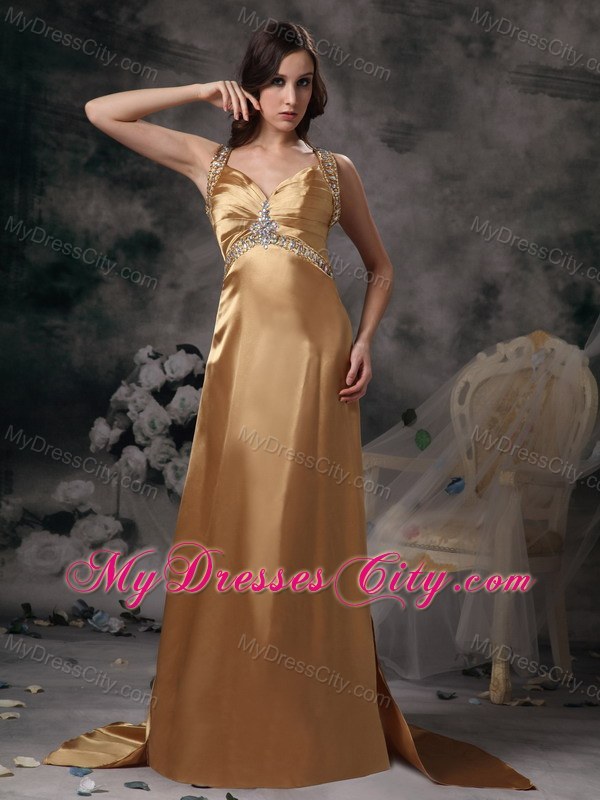 Gold Beaded Straps Taffeta Prom Dress with Brush Train