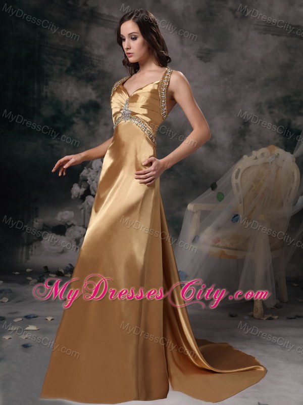 Gold Beaded Straps Taffeta Prom Dress with Brush Train