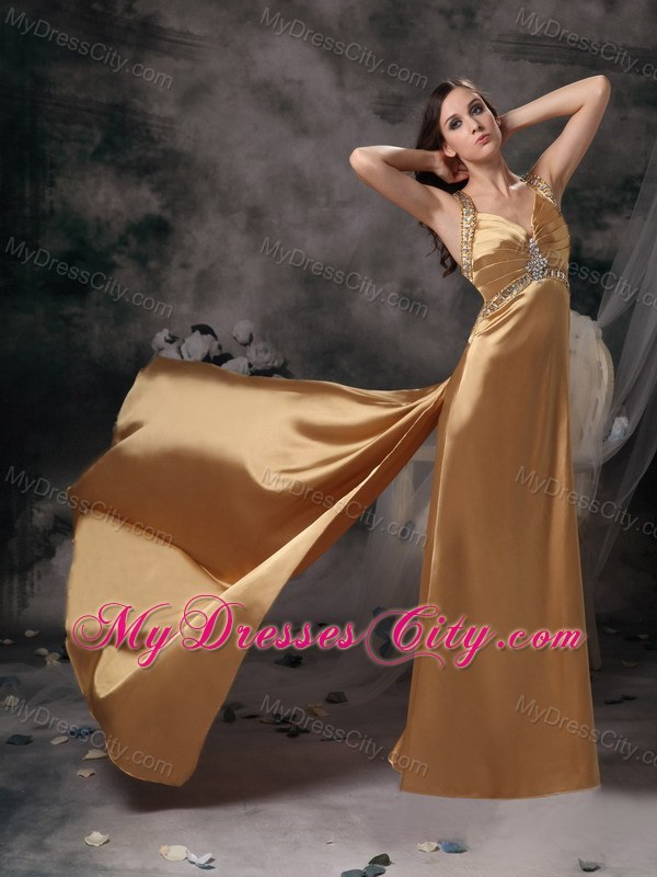 Gold Beaded Straps Taffeta Prom Dress with Brush Train