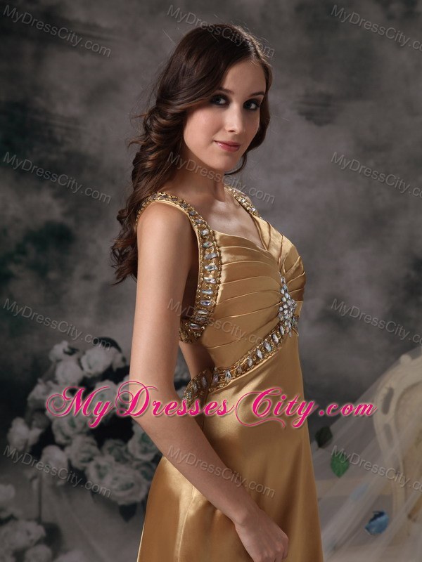 Gold Beaded Straps Taffeta Prom Dress with Brush Train