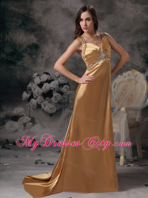 Gold Beaded Straps Taffeta Prom Dress with Brush Train