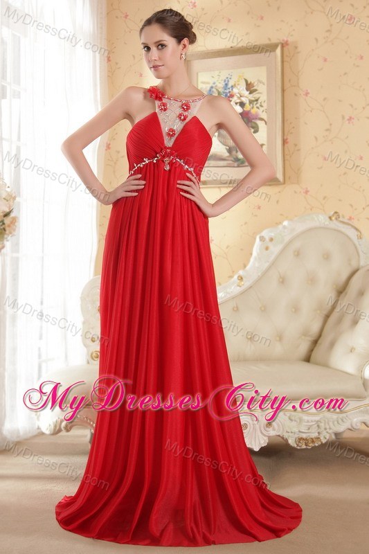 Scoop Neck Beading Court Train Chiffon Red Prom Dress for Ladies