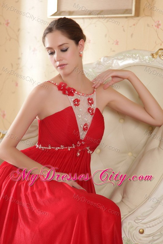 Scoop Neck Beading Court Train Chiffon Red Prom Dress for Ladies