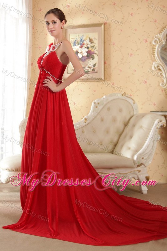 Scoop Neck Beading Court Train Chiffon Red Prom Dress for Ladies