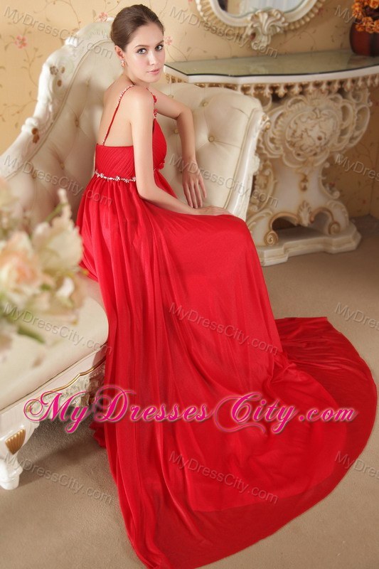 Scoop Neck Beading Court Train Chiffon Red Prom Dress for Ladies