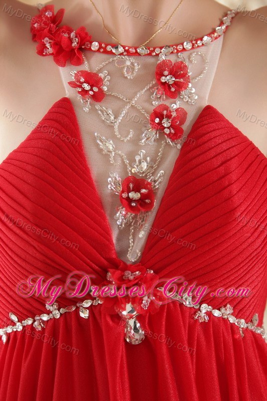 Scoop Neck Beading Court Train Chiffon Red Prom Dress for Ladies