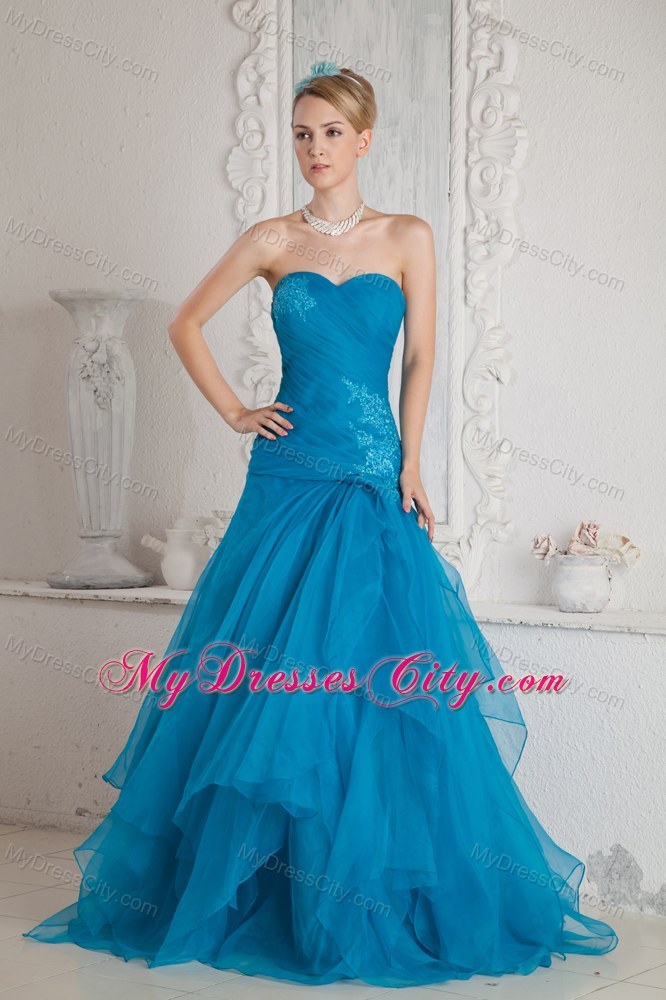 Teal Sweetheart Mermaid Prom Dress with Brush Train and Appliques